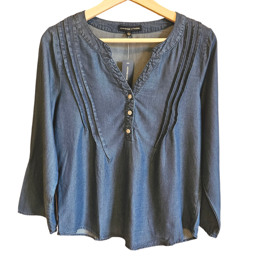 NEW! Adrienne Vittadini Blouse Roll Tab on Sleeve Denim Blue Small